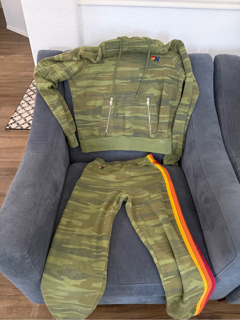Aviator Nation Kids Olive Camo Sweatset with Red-Orange-Yellow Side Stripes